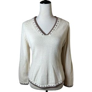La Vicuñita 100% Baby Alpaca Soft Cream V-neck Knit Sweater Womens M | Fair Isle